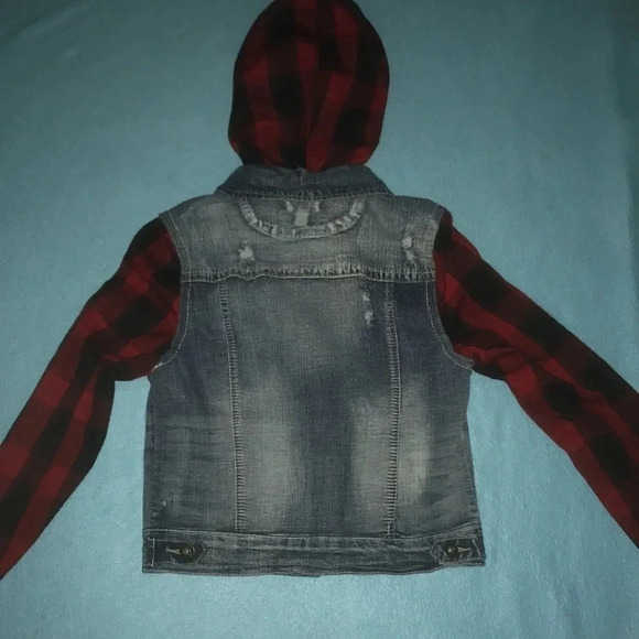 𝅺BONGO denim and plaid button up jacket with detachable hood Y2K size M - Picture 2 of 10